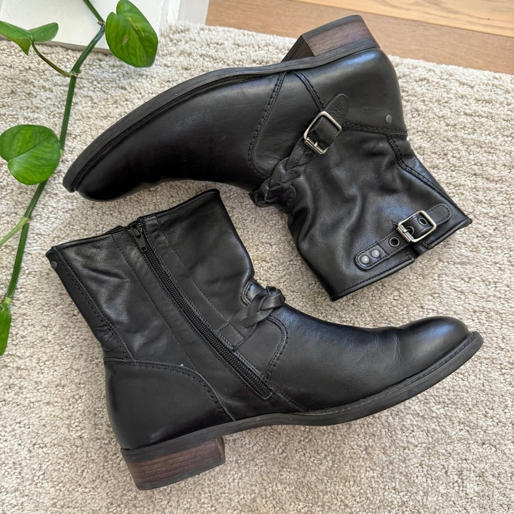 Paul Green NATHAN Black Leather Buckle Braided Moto Ankle Boots Women 7.5‎